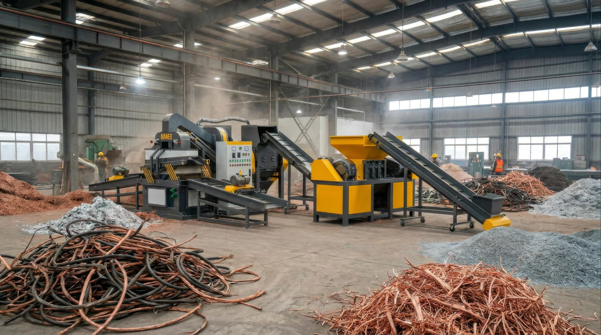 Blick in die Kabelrecycling-Anlage mit Granulator und Kupfer